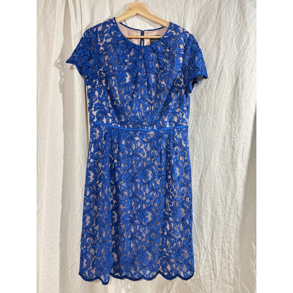 Adrianna Papell Royal Blue Floral Lace Sheath Dress Short Sleeve Size 12